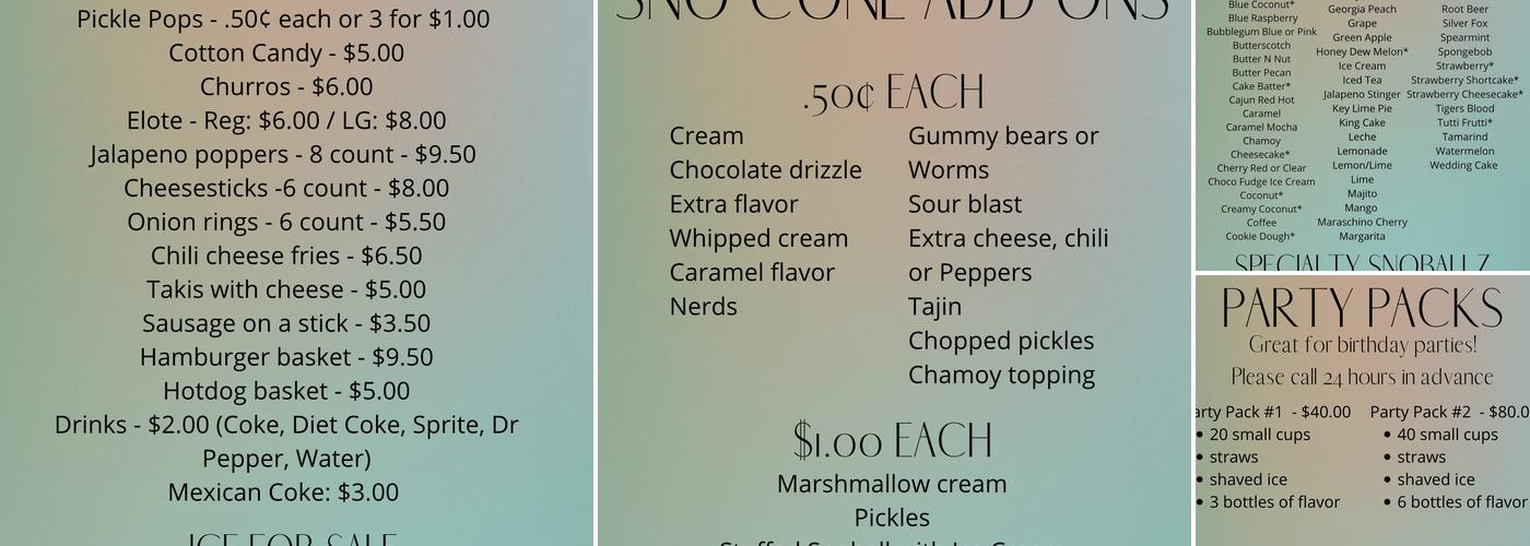 SnoBallz Shaved Ice & More Menu