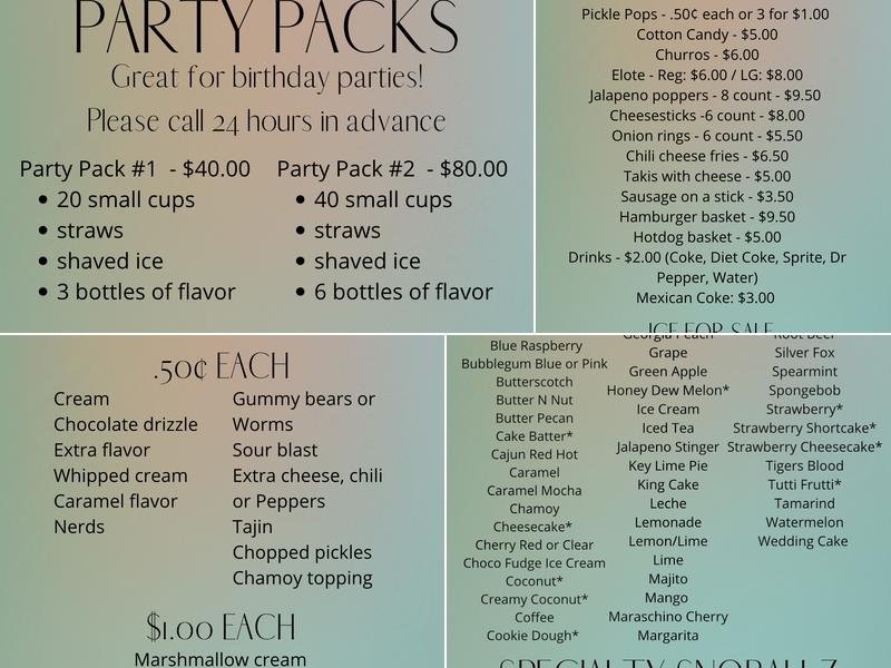 SnoBallz Shaved Ice & More Menu