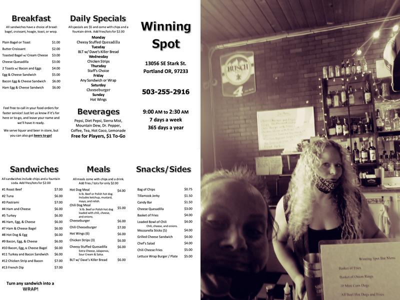 Winning Spot Bar & Lottery Menu
