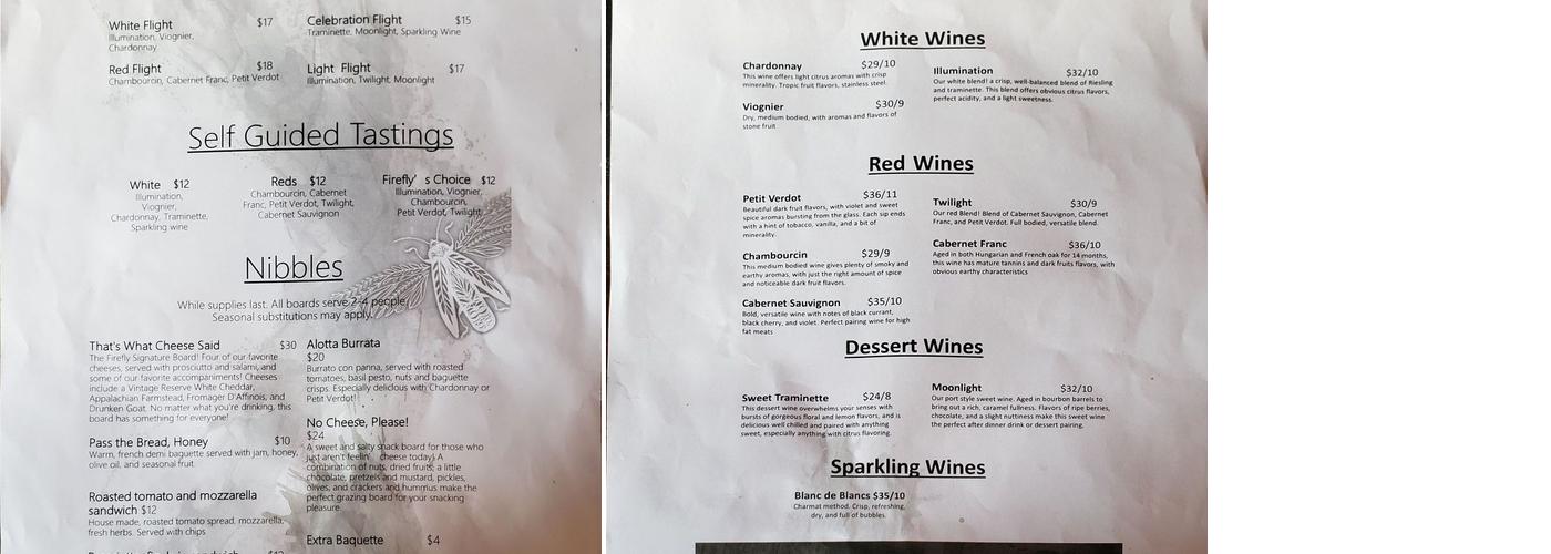 Firefly Cellars Menu