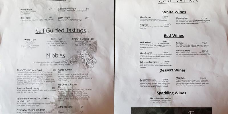 Firefly Cellars Menu