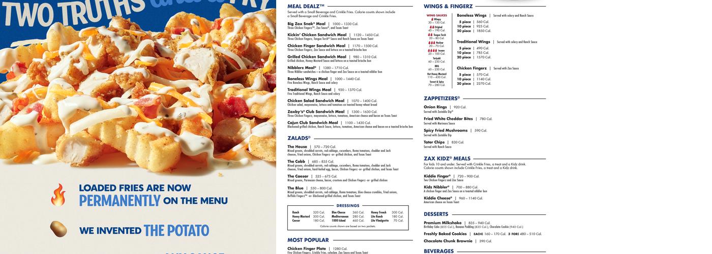 Zaxby's Chicken Fingers & Buffalo Wings Menu