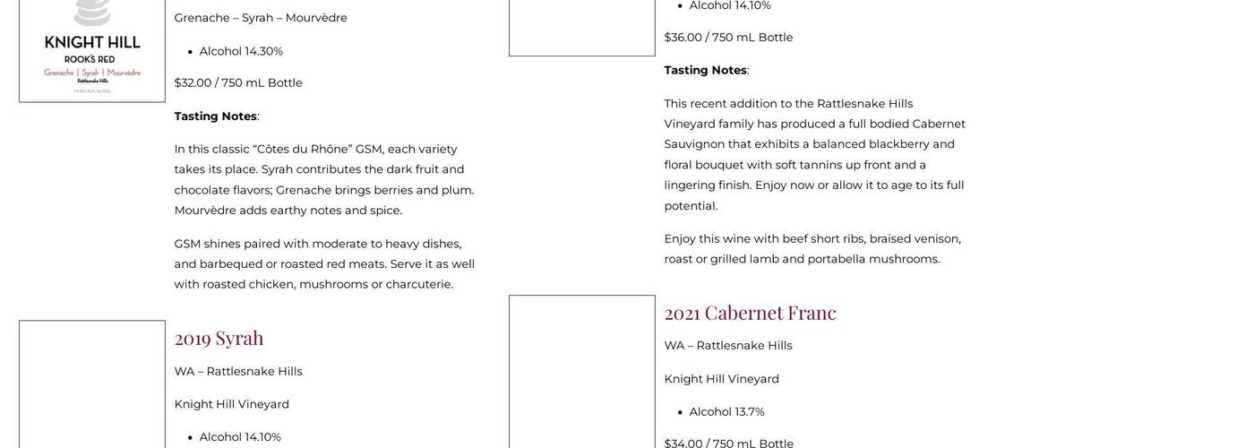 Knight Hill Winery Menu