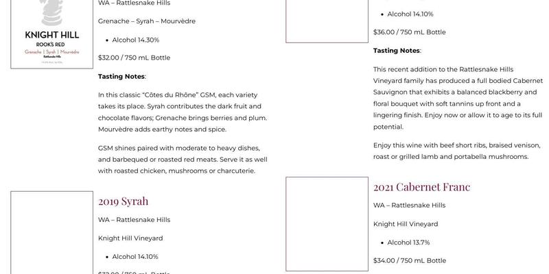 Knight Hill Winery Menu