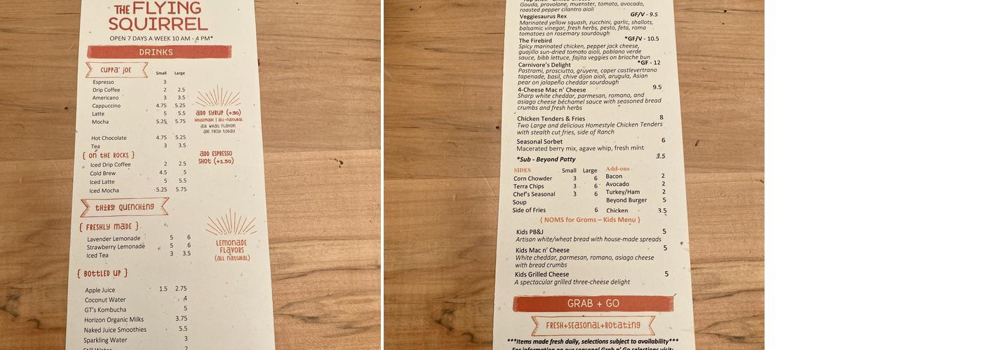 Flying Squirrel Cafe Menu