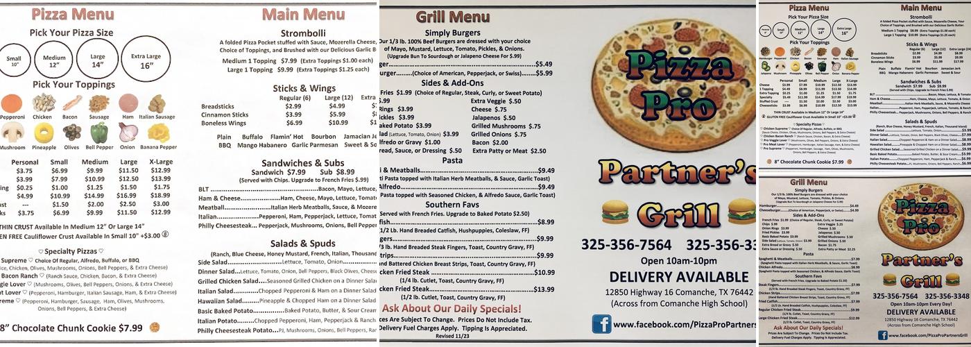Pizza Pro / Partner's Grill Menu