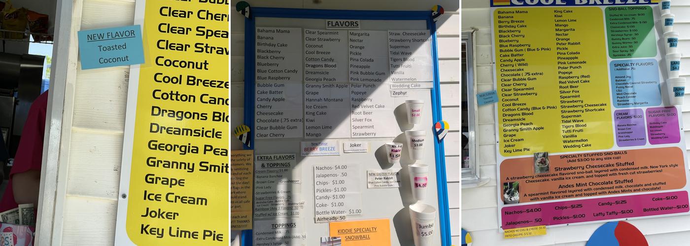 Cool Breeze Snowballs Menu