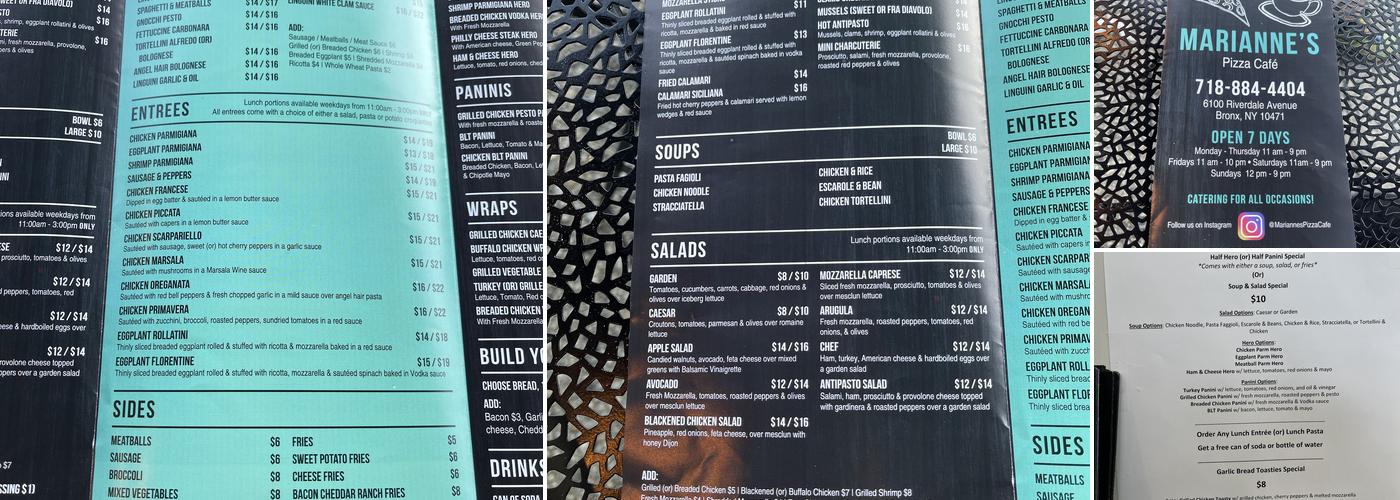 Marianne's Pizza Cafe Menu