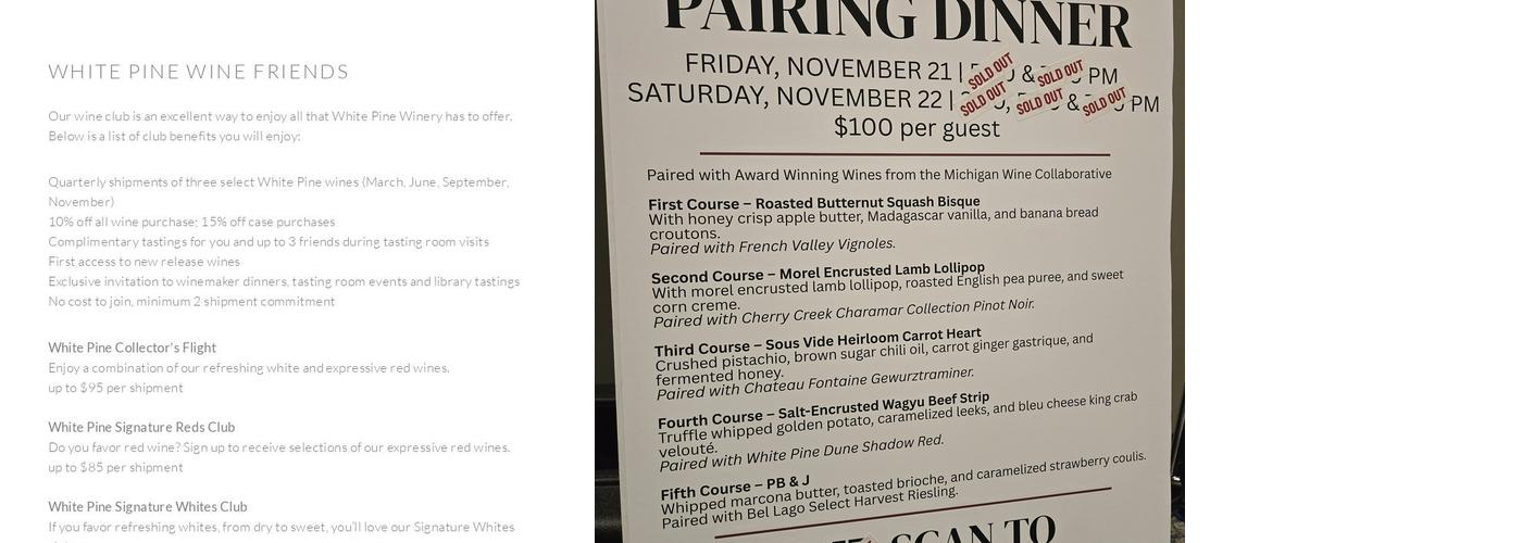 White Pine Winery Tasting Room Menu