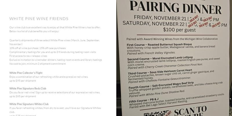 White Pine Winery Tasting Room Menu