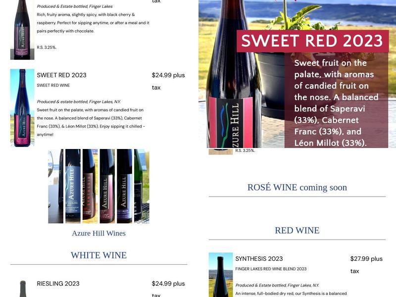 Azure Hill Winery Menu