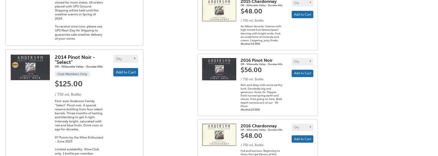 Anderson Family Vineyard Menu