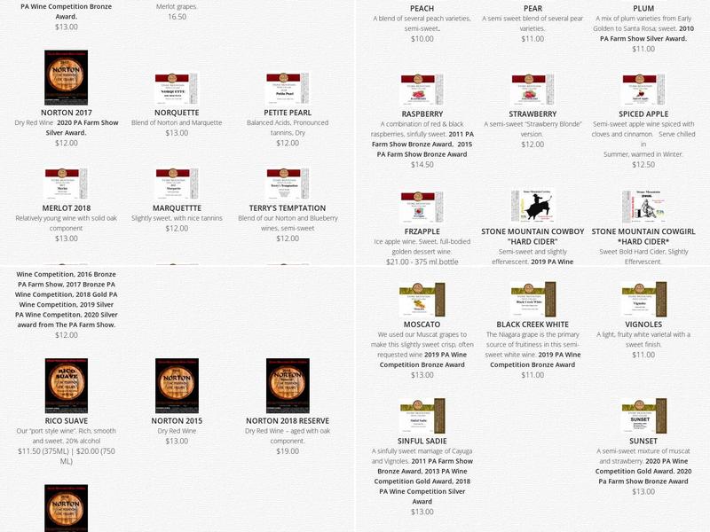 Stone Mountain Wine Cellars Menu