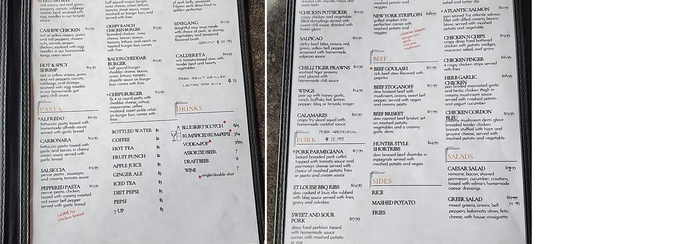 Wilmie's You Bar and Grill Menu