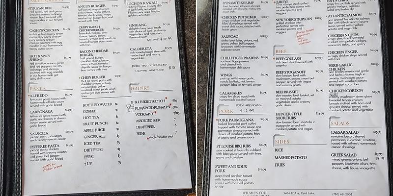 Wilmie's You Bar and Grill Menu