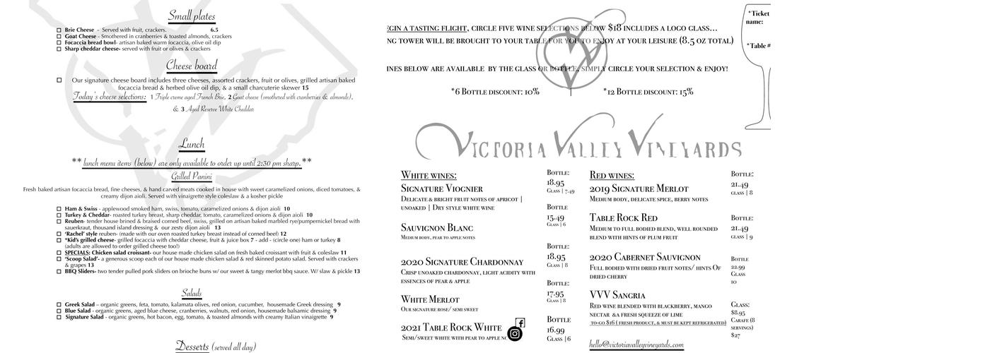 Victoria Valley Vineyards Menu