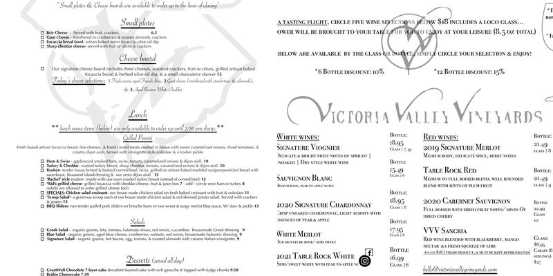 Victoria Valley Vineyards Menu