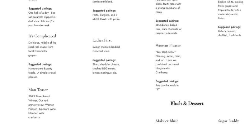Sparkling Ponds Winery Menu