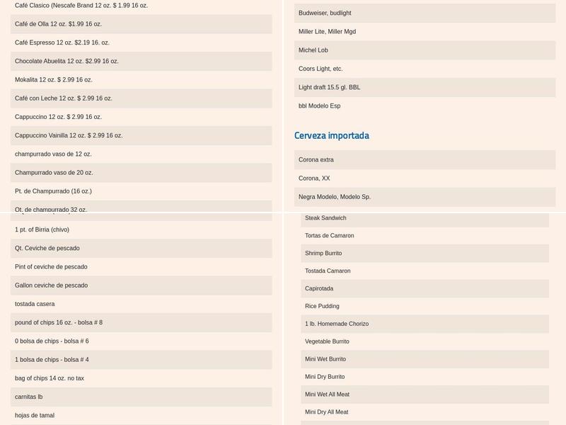 Diana's Tortilleria Menu