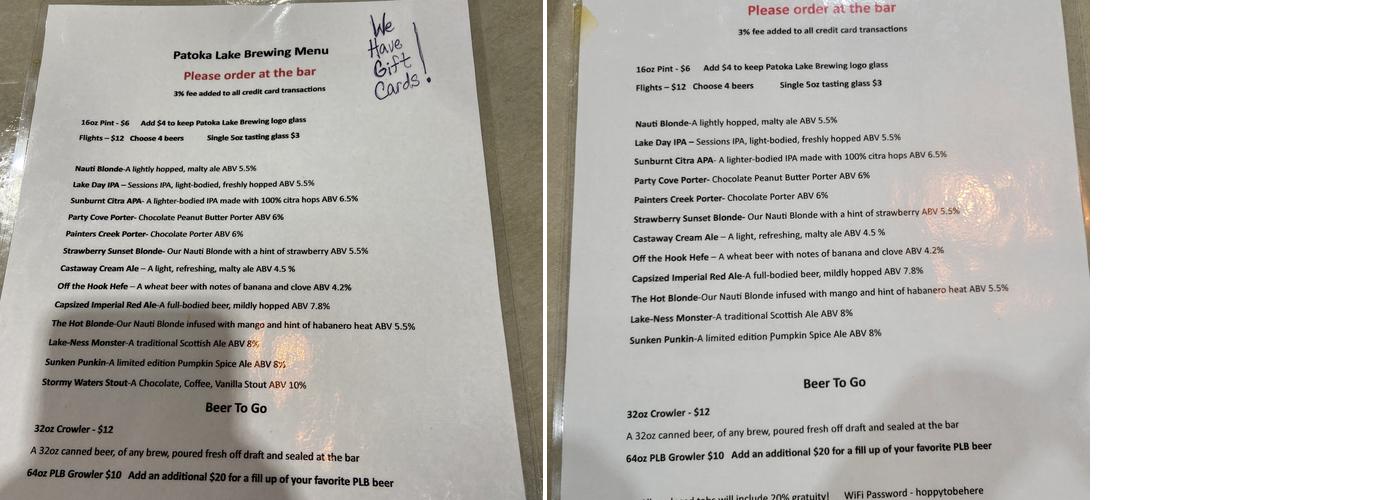 Patoka Lake Brewing Menu