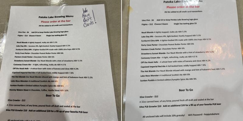 Patoka Lake Brewing Menu