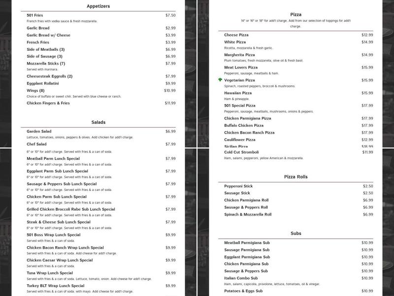 Pizza 501 Menu