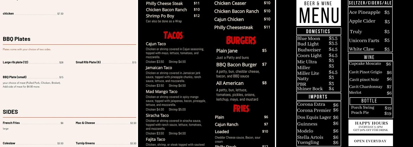 Black Creek Tavern Menu