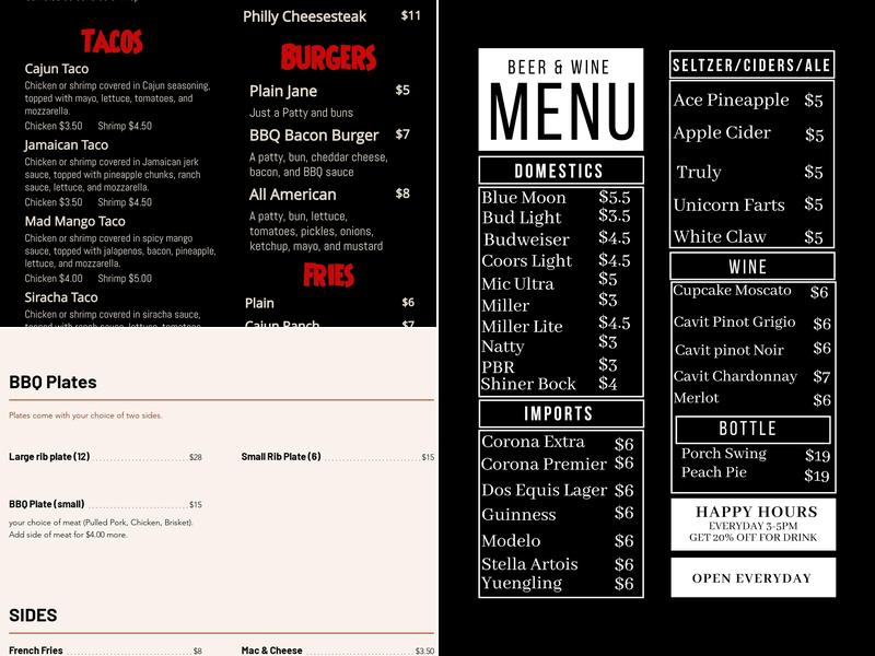 Black Creek Tavern Menu