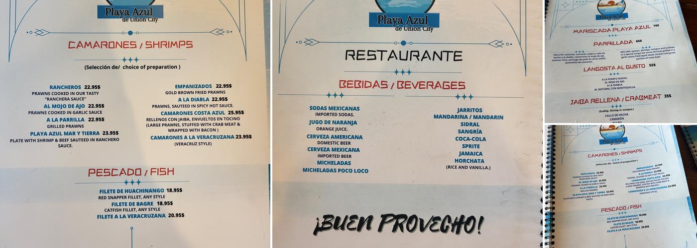 Playa Azul Menu