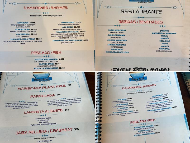 Playa Azul Menu