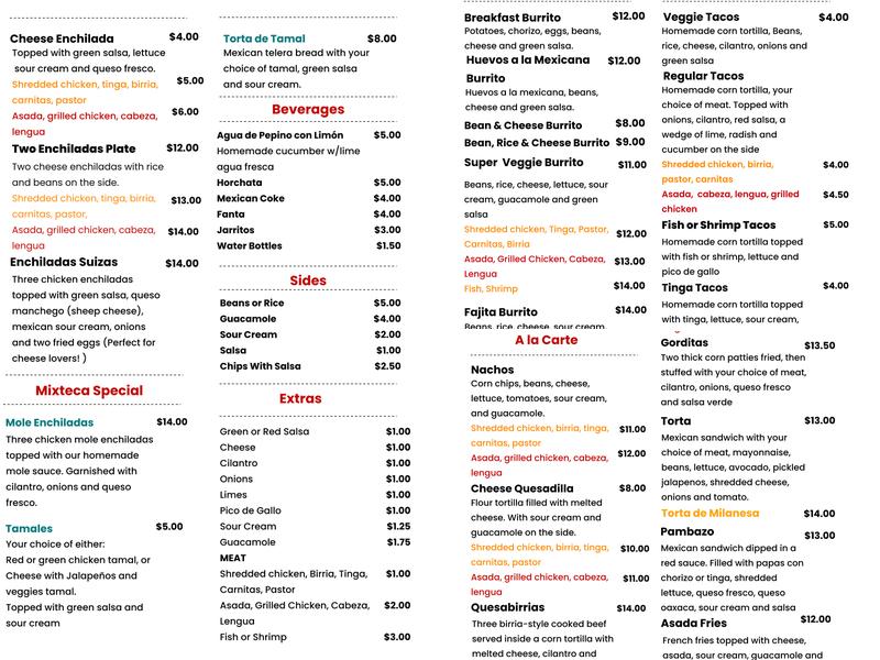 La Flor Mixteca Menu