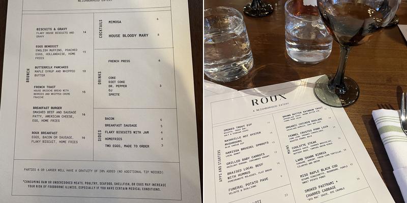 Roux Restaurant Menu