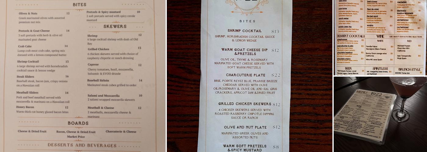 1922 Libations and Bites Menu