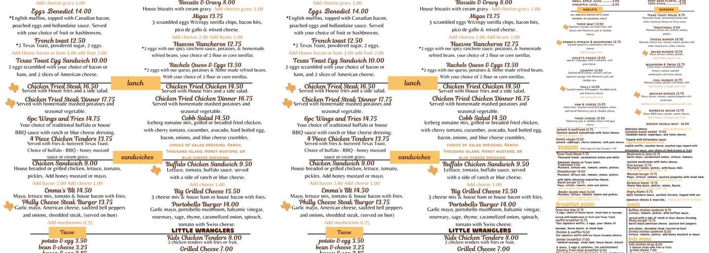 Texas Toast Breakfast and Burgers Menu