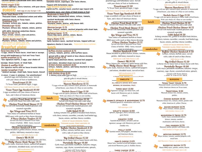 Texas Toast Breakfast and Burgers Menu
