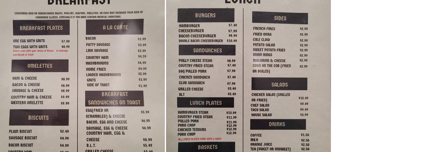 Pam's Country Kitchen Menu