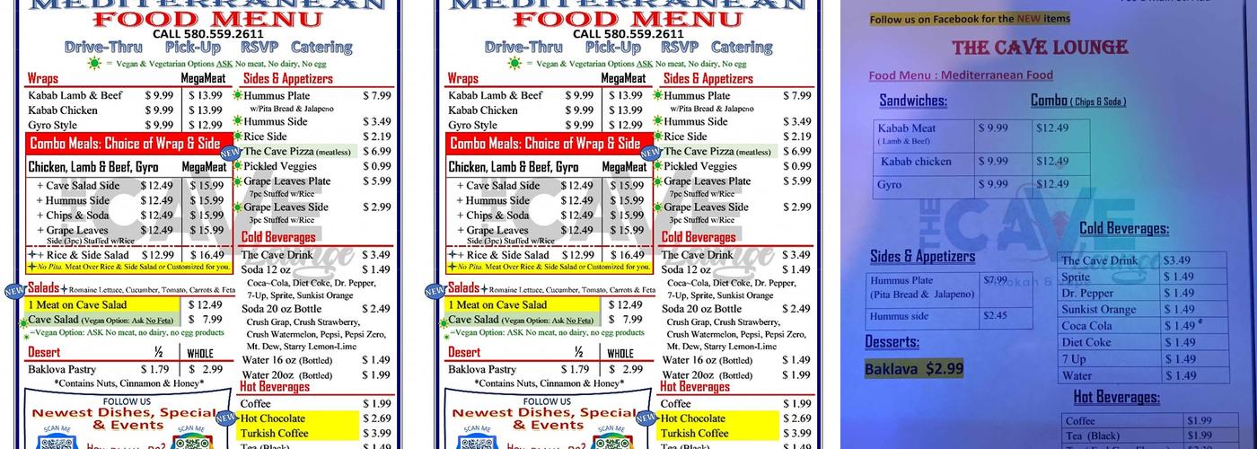 The Cave lounge Menu