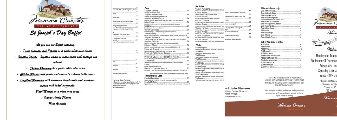 Mamma Onesta's Bottega Menu