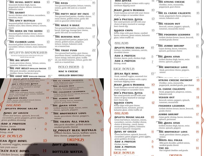 Spliff's Gastropub Bayard Menu