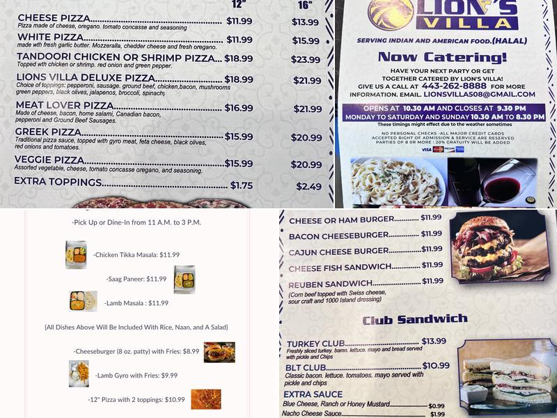 Lions Villa Menu