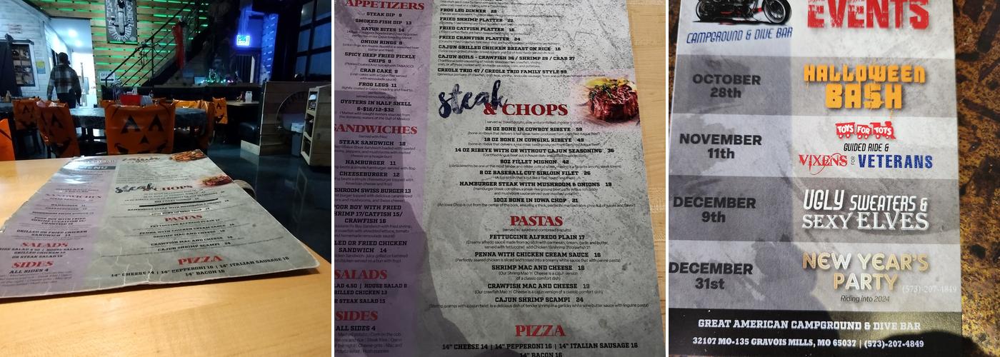 Great American Campground & Dive Bar Menu