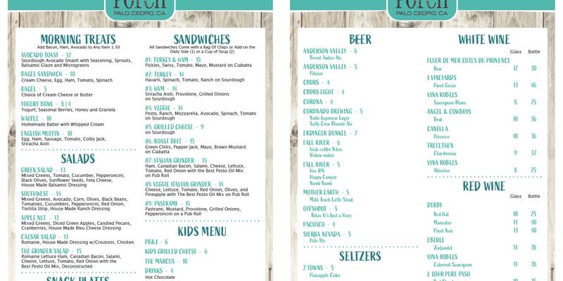 The Porch Menu