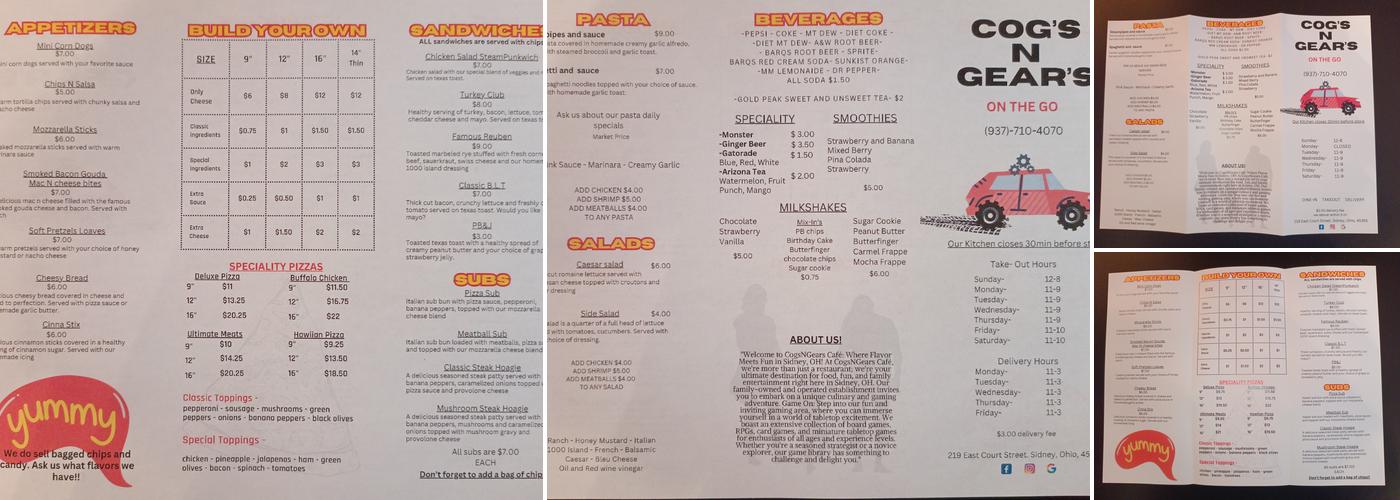 Cogs N Gears Game Cafe Menu