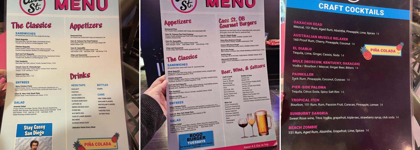 Cass Street Bar & Grill Ocean Beach Menu