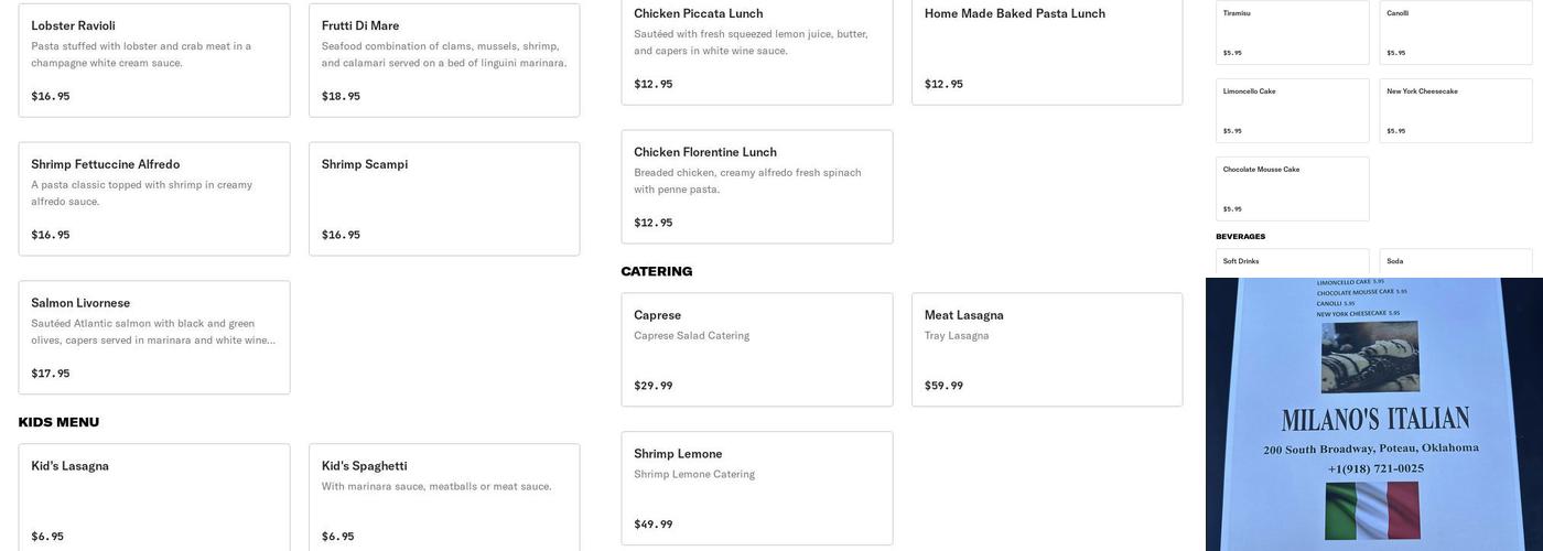 Milano's Italian Menu