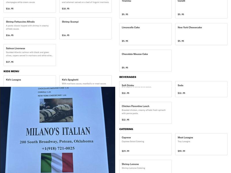 Milano's Italian Menu