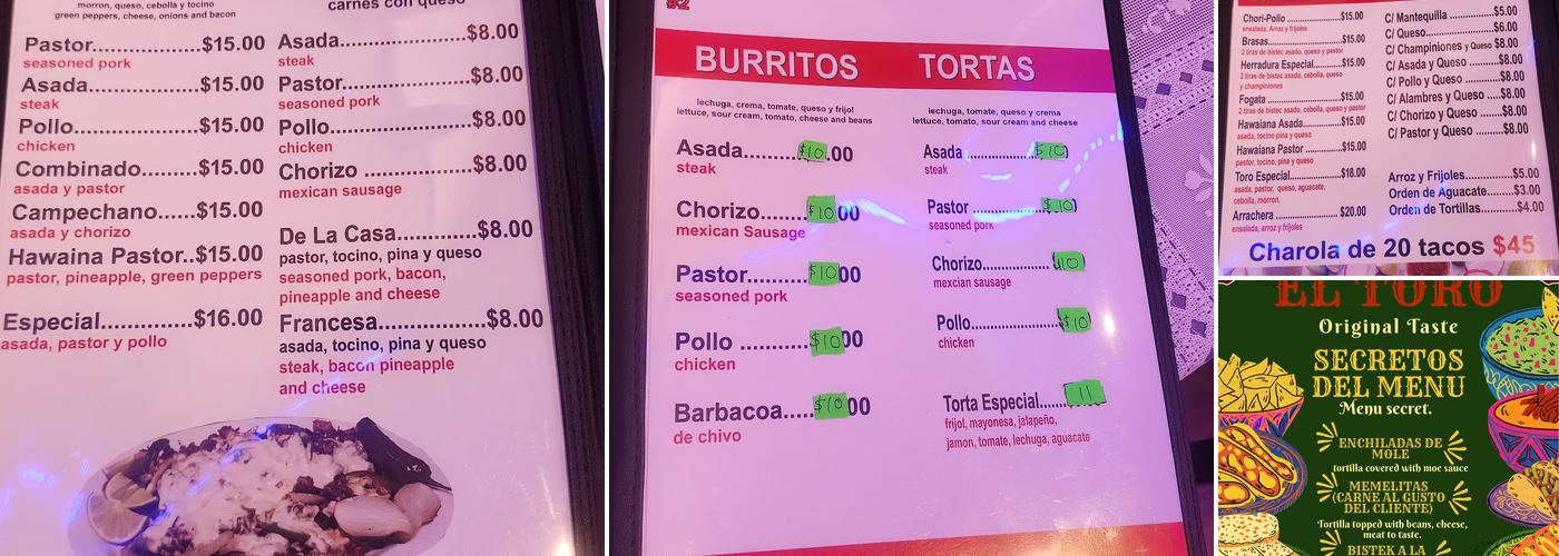 Taqueria el toro Menu