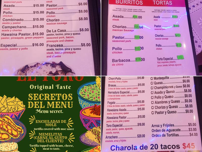 Taqueria el toro Menu