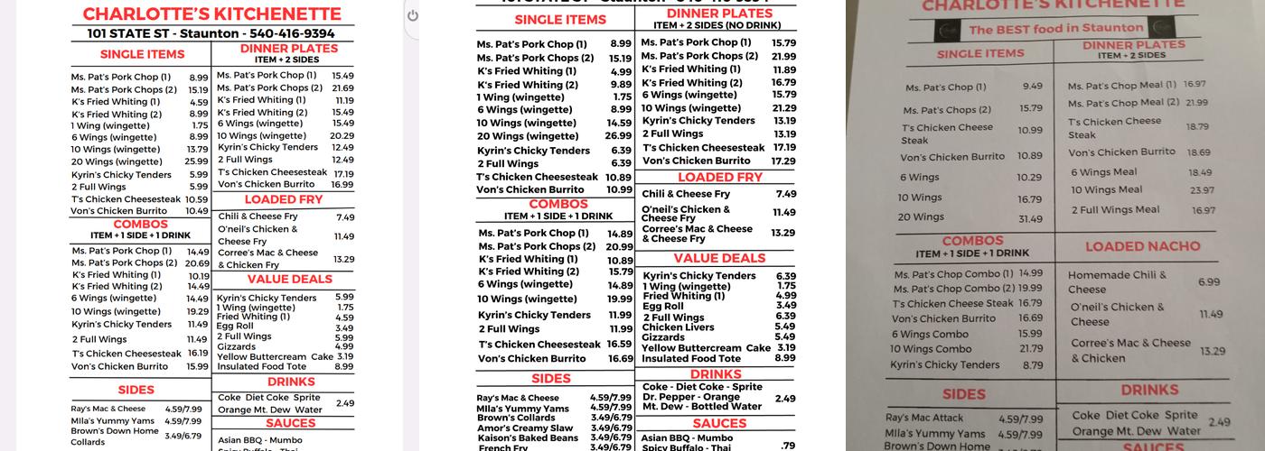 Charlottes Kitchenette Menu