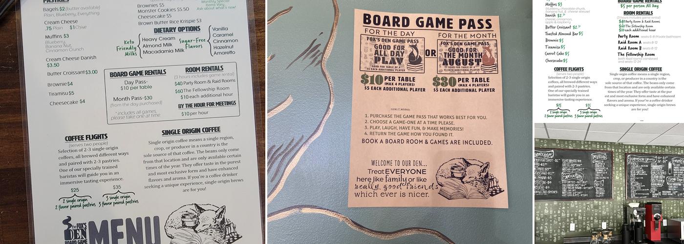 The Fox's Den Boardgame Cafe Menu